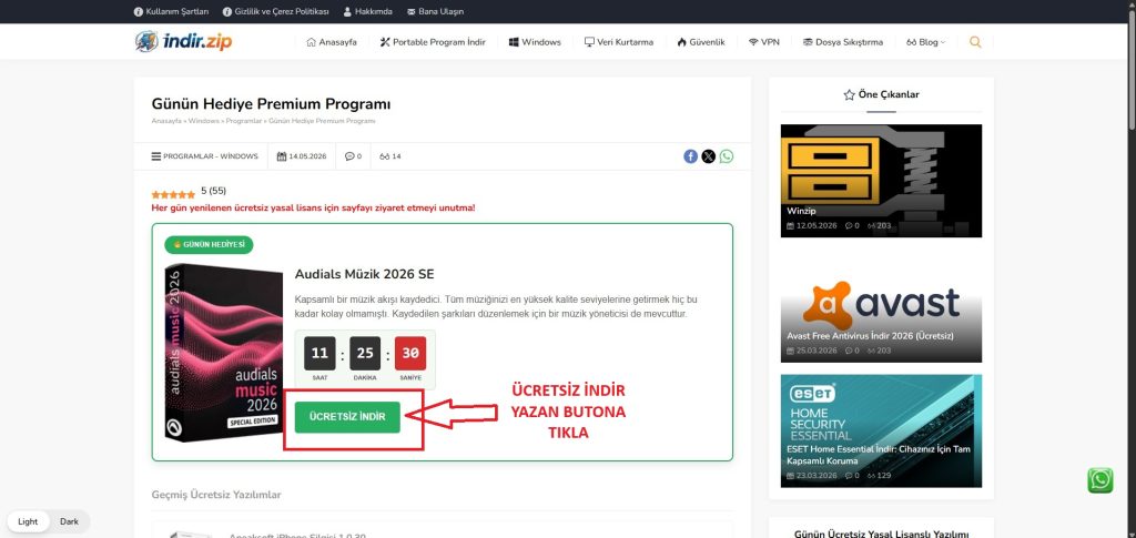 Günün Hediye Premium Programı başlıklı blog yazısı; yeşil ÜCRETSİZ İNDİR düğmesi vurgulanıyor.
