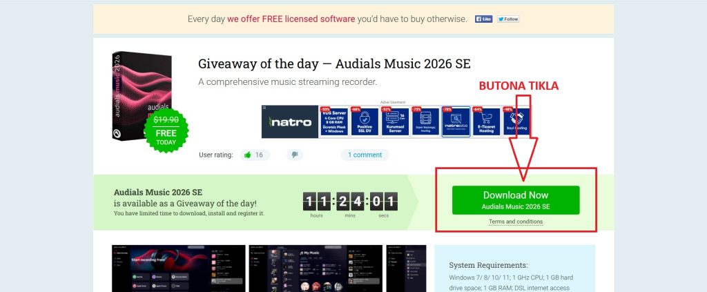 Promo page for'Giveaway of the day' featuring Audials Music 2026 SE with a prominent green Download Now button.