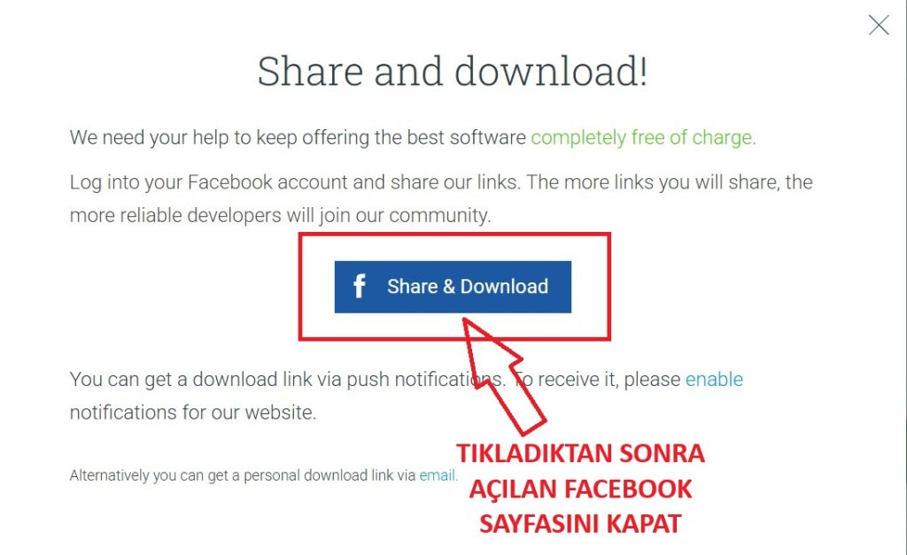 Share and download dialog with a blue Facebook'Share & Download' button.