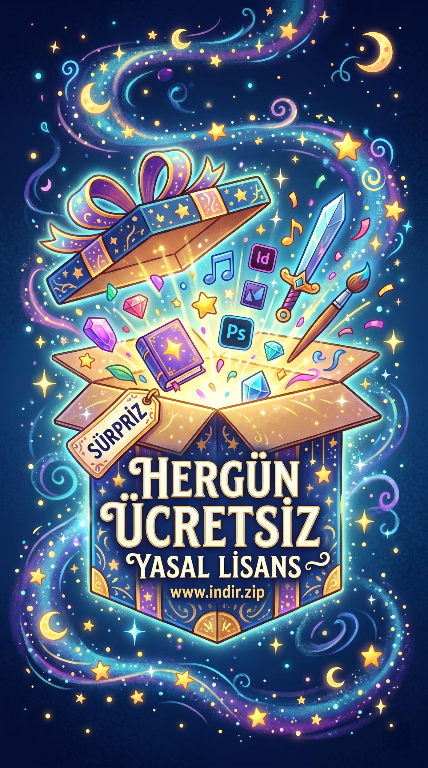 Bright fantasy gift box bursts open, releasing glowing gems, stars, magic swirls, and icons for Photoshop and Illustrator amid colorful confetti.